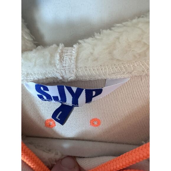 SJYP Unisex Sherpa Fleece Hoodie Ivory + Orange Hoodie Sweatshirt - Sz L - Picture 6 of 14